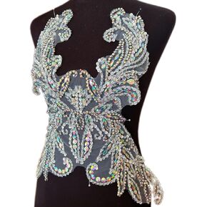 Rhinestones Applique Bodice Patch with Glass Crystal and Handsewing Beads for Wedding Evening Dresses 30x48cm (White Silver)