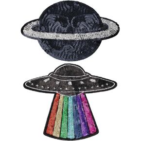 FINGERINSPIRE 2 Pcs Planet Spacecraft Sequin Iron on Patches Paillette Sew on Patches Polyester Universe Embroidery Applique Glitter Sequin Space Earth Patch Clothing Repair Patch for DIY Craft Decor