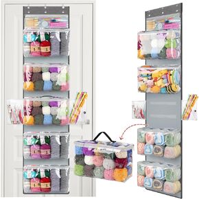 Katech Hanging Yarn Storage Organizer, Over The Door Storage w/Large Capacity Knitting Bag, Yarn Organizers with 6 Zipper Closure Compartments & Detachable Crochet Bag for Yarns Enthusiasts