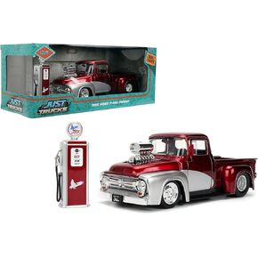 Jada Toys Just Trucks 1:24 1956 Ford F-100 Die-cast Car & Gas Pump – Opening Doors, Hood, Trunk, Rubber Tires(Candy Red/Silver)