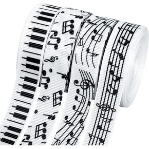 4 Rolls Music Note Ribbon ، 5/8 Inch × 20 ياردة موضوع موسيقي شريط ساتان للحرف DIY ، غلاف الهدايا ، زينة الحفلات ، لوازم الزفاف ، شرائط الفنون البيضاء السوداء للمشاريع الإبداعية