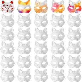 30 PCS Therian Mask Cat Mask to Paint ، White Paper Fox Masks Barning Mask Diy Halloween Mask Mask Therian Costume Costum