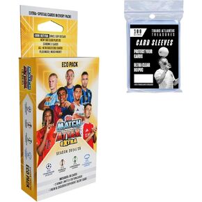 تتوافق Topps Match Attax Extra Soccer Cards 24/25 Eco Pack + 100 واقية ، وتشمل 39 بطاقة ، و 2 X Factor LE's + Explosive Talent Edition