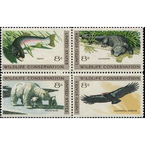 WILDLIFE CONSERVATION ~ TROUT ~ ALLIGATOR ~ POLAR BEAR ~ CALIFORNIA CONDOR #1430 BLOCK of 4 x 8¢ US Postage Stamps