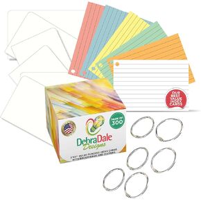 Made in USA – Debra Dale Designs Ruled Note Cards with Rings – 300-Pack 3"x5" – 6 Pastel Colors – Secure Storage Box Included