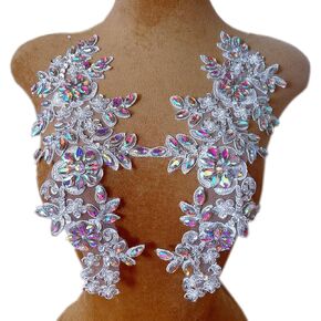 1 Pair 13x34cm Wedding Dress Decorations Applique Lace Patches Sewing with Loose Rhinestone Beads Stones Sew on Lace Sequins for Party Dance Clothing Accessories Prom DIY (Black)