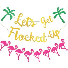 زخارف شعار Flamingo Party Gold Gold Gold Let's Flocked Up Banner Hawaii Luau Beach Party Banner لزينة حفل زفاف عيد الميلاد