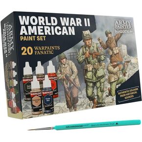 The Army Painter, Historical: WWII American Paint Set Combo, 20 x 18 ml Warpaints Fanatic: 14 acrylic, 4 Washes, 1 Effect, 1 Metallic & 1 Brush - Miniature Paint for U.S. Armed Forces in World War II