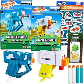 nerf minecraft blasters for Kids - حزمة مع اثنين من minecraft nerf blasters يضم ملصقات الدجاج والكهف بالإضافة إلى ملصقات | ألعاب Minecraft في الهواء الطلق للأولاد