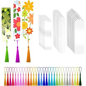 60PCS Acrylic Blank Bookmarks,Magicalmai 30PCS Clear Acrylic Bookmarks with 30PCS Assorted Color Tassels, Blanks Bookmark Making Kits for Book Lovers DIY Bookmark(3 Shape)