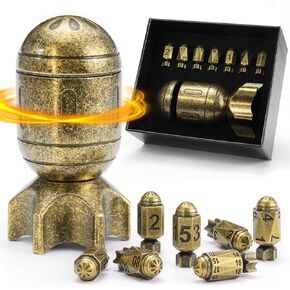 Zhoorqi DND Metal Dice مجموعة مع حاوية صاروخ غزل ، نهر الرصاصة الباردة النرد cyberpunk polyhedral للأبراج المحصنة والتنين ، RPGS D&D هدايا （الصواريخ برونزية rerro）