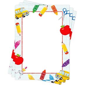 Whaline 120Pcs Back to School Stuff Letterhead Paper Apples Bus Pattern Border Stationery Paper Computer Printing Writing Letters for First Day of School Classroom Supplies, 8.5 x 10.6 Inch