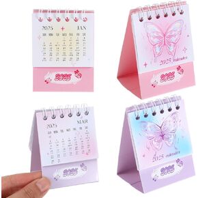 2 Packs Mini Desk Calendar 2024-2025 Standing Flip Desktop Calendar from December 2024 Until December 2025 Butterfly Style Portable Metal Ring Monthly Desktop Calendar for Home Office-Purple&Pink