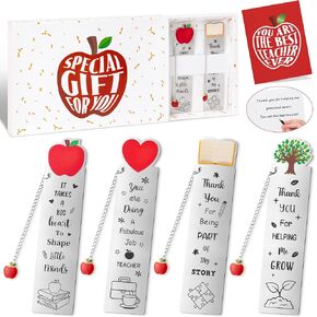 CY2SIDE 4PCS Teacher Appreciation Gifts Metal Bookmark with Apple Tassel and Greeting Card, Growing Tree and Book Shape Bookmark, Back to School Thank You Graduation Gift from Student for Best Teacher