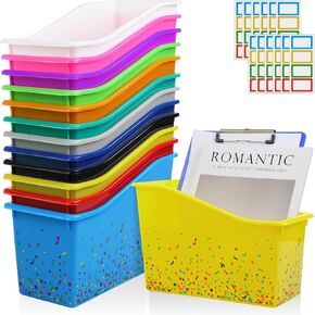 Jinei 24 Pack Book Bins for Classroom Bulk Confetti Book and Binder Holders with Name Labels Assorted Color Plastic Classroom Organization Baskets Boxes Teacher Storage Bins for Home Office (Colorful)