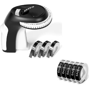 Manual Embossed Label Maker Machine with 8 Tapes, Embossing Label Maker, Old School Embosser Labeler with 3 Rolls 3D Emboss Labels Waterproof for Home Kids DIY Crafting Scrapbooking, Black