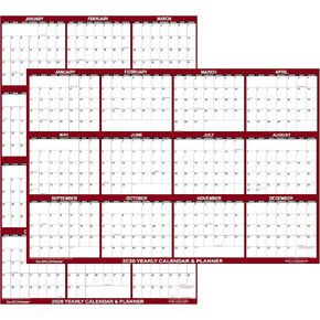 24" x 36" SwiftGlimpse 2026 Wall Calendar, Paper Folded, 12 Month Annual Yearly Wall Planner, Reversible, Horizontal/Vertical, Maroon
