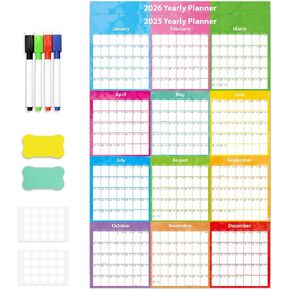 2025 Yearly Wall Calendar 2025 Wall Planner, Wet & Dry Erase Laminated Monthly Family Calendar for Office Home, Jan 2025 - Dec 2026, 34.6" x 22.8"(Fold Package)