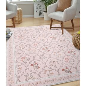 YIHOUSE Green Floral Print Rugs, Moroccan Trellis 6x9 Washable Large Rug, Modern Pastel Non Slip Ultra-Thin Area Rug for Classroom,Playroom,Dorm,Bedroom,Kitchen,Living Room, Green Multi in Kuwait