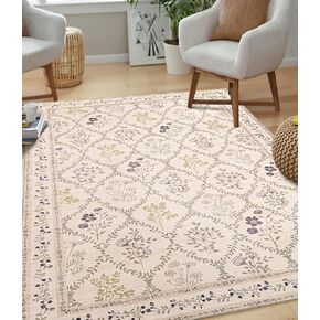 YIHOUSE Green Floral Print Rugs, Moroccan Trellis 6x9 Washable Large Rug, Modern Pastel Non Slip Ultra-Thin Area Rug for Classroom,Playroom,Dorm,Bedroom,Kitchen,Living Room, Green Multi