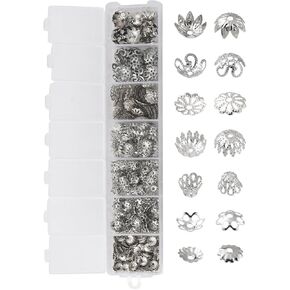 755Pcs Iron Flower Bead Caps Silver 7 Styles 5mm to 10mm Bead Caps with Holes 1mm to 1.5mm for Jewelry Making DIY Beading Supplies Bracelet Necklace Earrings Crafts Jewelry Accessories