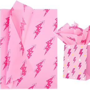 Holymaji 25 Sheets Pink Lightning Bolts Paper for preppy Party Packaging 20 × 28 ورقة أنسجة مطبوعة لأكياس الهدايا لف حفل عيد ميلاد DIY لصالح لوازم الديكور