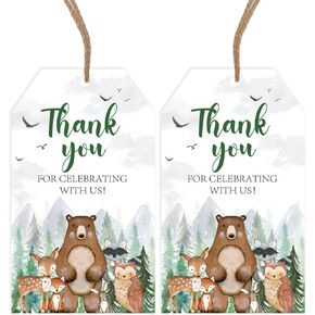 Jollyboom Woodland Animals Baby Shower Taving Taving ، 50pcs دع المغامرة تبدأ بعلامات الهدايا ، و Goest Mountain شكرًا لك على الاحتفال معنا.