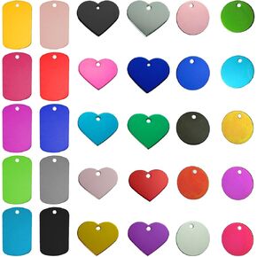 90 PCS ختم ملونة ختم الفراغات لنقش ، يدوي مخصصة علامات معرف الكلب للحيوانات الأليفة ختم الفراغات أقراص الألومنيوم مع ثقب لعلامات الكلب DIY ، علامات الأشجار ، بطاقات VIP (جولة/حب/شكل مستطيل)