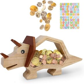 بنك Triceratops الخشبي الخشبي الكبير للبنين والبنات ، لعبة لطيفة للأطفال والأطفال الصغار ، وتوفير الأموال الداخلية الحاضرة مع البلاستي