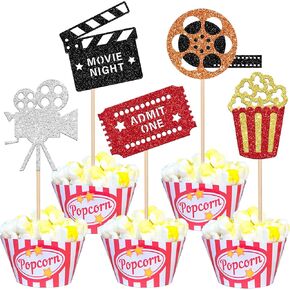 1 PCS Movie عيد ميلاد سعيد كعكة Topper Glitter Roll كاميرا فيديو مسجل الفشار فيلم Night Cake Cake Pick for Hollywood Family Family Family Shower Depirt Party Cake Cake Cake