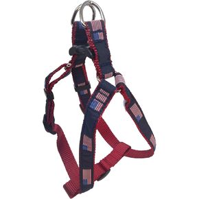 Preston American Flag Dog Step in Harness - American Flag on Navy Blue Ribbon with Red Nylon Webbing (Small)