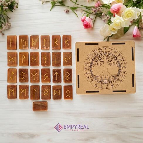 Norse Rune Stones Set, 25 Pieces with Guidebook, Elder Futhark Runes Engraved Divination Stones for Spiritual Growth and Insight (Unakite) in Saudi Arabia