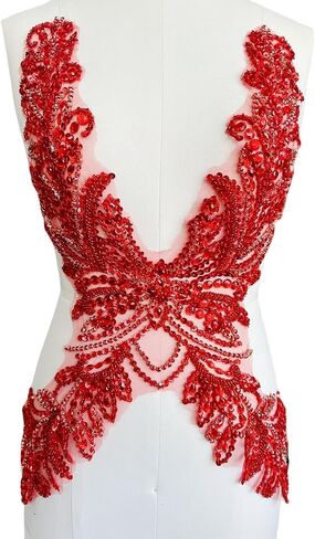 Pure Hand Sewing Beads appliqués sew on shin Rhinestones Sequins Trim Patches Accessories for Wedding Party Evening Dress 31X16in (Red) in Saudi Arabia