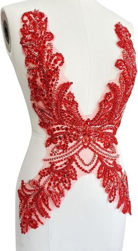 Pure Hand Sewing Beads appliqués sew on shin Rhinestones Sequins Trim Patches Accessories for Wedding Party Evening Dress 31X16in (Red) in Saudi Arabia