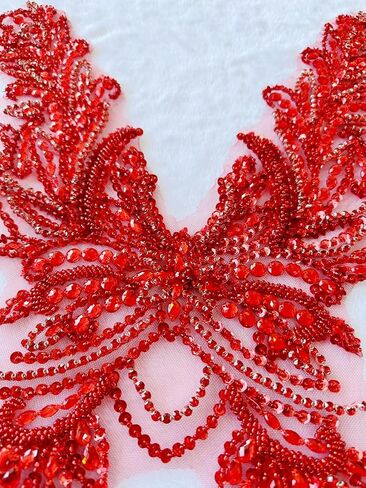 Pure Hand Sewing Beads appliqués sew on shin Rhinestones Sequins Trim Patches Accessories for Wedding Party Evening Dress 31X16in (Red) in Saudi Arabia