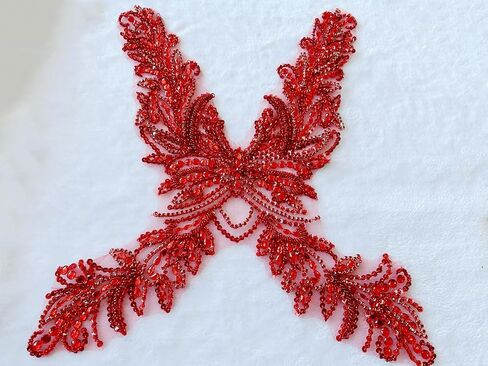 Pure Hand Sewing Beads appliqués sew on shin Rhinestones Sequins Trim Patches Accessories for Wedding Party Evening Dress 31X16in (Red) in Saudi Arabia