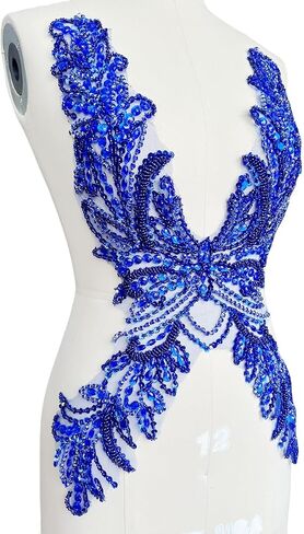 Pure Hand Sewing Beads appliqués sew on shin Rhinestones Sequins Trim Patches Accessories for Wedding Party Evening Dress 31X16in (Red) in Saudi Arabia