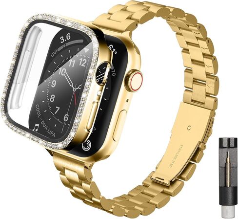 Compatible with Apple Watch 38mm 40mm 41mm 42mm 44mm 45mm, Slim Metal Bands with Bling Case, Stainless Steel Bands with Shining Case and Screen Protector for iWatch Series 9/8/7/6/5/4/3/2/1/SE in Kuwait