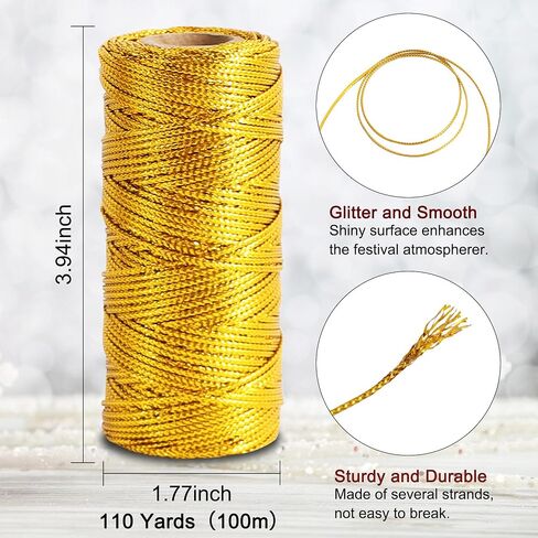 TONIFUL 110Yards 2mm Metallic Gold Twine Decorative Baker String,Gold Packing Cord for Crafts,DIY Tags,Gift Wrapping,Ornaments Hanging,Christmas Present Decoration in Kuwait