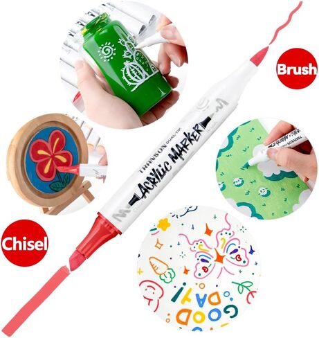 TRANSON 24 Colors Chisel and Brush Dual-tip Acrylic Paint Marker Pen Set for Canvas Rock Wood Leather Ceramic DIY Painting in Kuwait