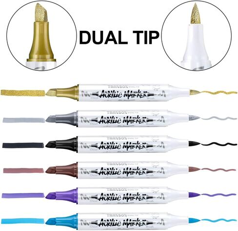 TRANSON 24 Colors Chisel and Brush Dual-tip Acrylic Paint Marker Pen Set for Canvas Rock Wood Leather Ceramic DIY Painting in Kuwait