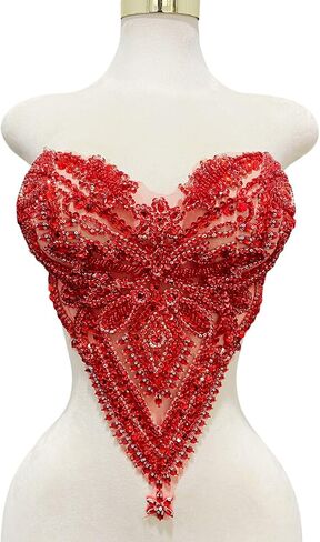 Handmade Rhinestones Bodice lace Applique Hand Sewing Beaded Sequins Trim Patches for Dress Clothes Skirts Accessories 15.3X15.7inches (Red) in Saudi Arabia