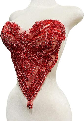 Handmade Rhinestones Bodice lace Applique Hand Sewing Beaded Sequins Trim Patches for Dress Clothes Skirts Accessories 15.3X15.7inches (Red) in Saudi Arabia