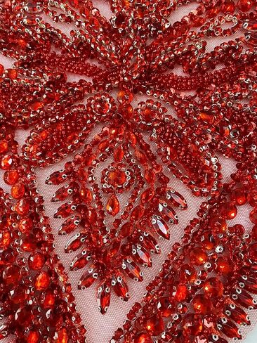 Handmade Rhinestones Bodice lace Applique Hand Sewing Beaded Sequins Trim Patches for Dress Clothes Skirts Accessories 15.3X15.7inches (Red) in Saudi Arabia