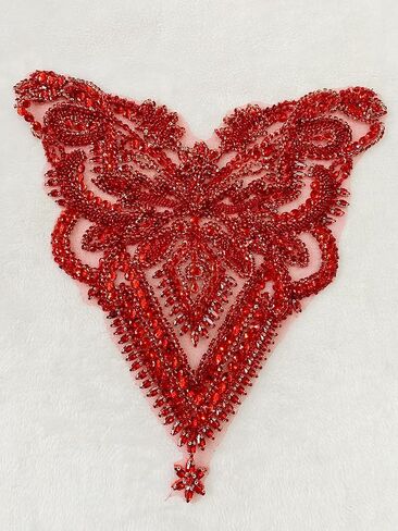 Handmade Rhinestones Bodice lace Applique Hand Sewing Beaded Sequins Trim Patches for Dress Clothes Skirts Accessories 15.3X15.7inches (Red) in Saudi Arabia