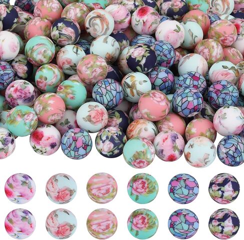 54Pcs 15mm Silicone Beads for Keychain Making Round Beads Floral Focal Beads for Beaded Pens Necklace Bracelets Jewelry Making in Kuwait