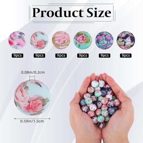 54Pcs 15mm Silicone Beads for Keychain Making Round Beads Floral Focal Beads for Beaded Pens Necklace Bracelets Jewelry Making in Kuwait