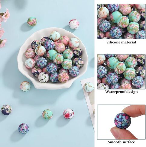 54Pcs 15mm Silicone Beads for Keychain Making Round Beads Floral Focal Beads for Beaded Pens Necklace Bracelets Jewelry Making in Kuwait
