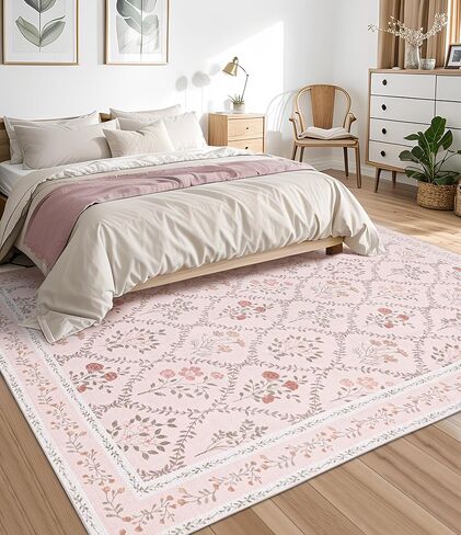 YIHOUSE Green Floral Print Rugs, Moroccan Trellis 6x9 Washable Large Rug, Modern Pastel Non Slip Ultra-Thin Area Rug for Classroom,Playroom,Dorm,Bedroom,Kitchen,Living Room, Green Multi in Kuwait