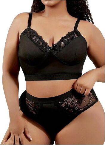 WDIRARA Women's Plus Size Contrast Lace Sexy Lingerie Set V Neck Wireless Bra and High Waist Panty 2 Piece Set in Saudi Arabia